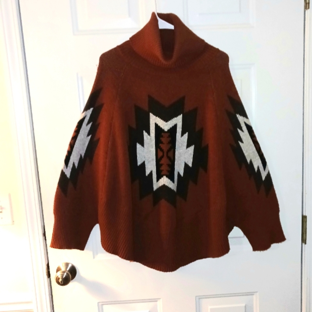 Amoli Women's  Orange, Brown and Black Design Poncho Sweater Size M/L